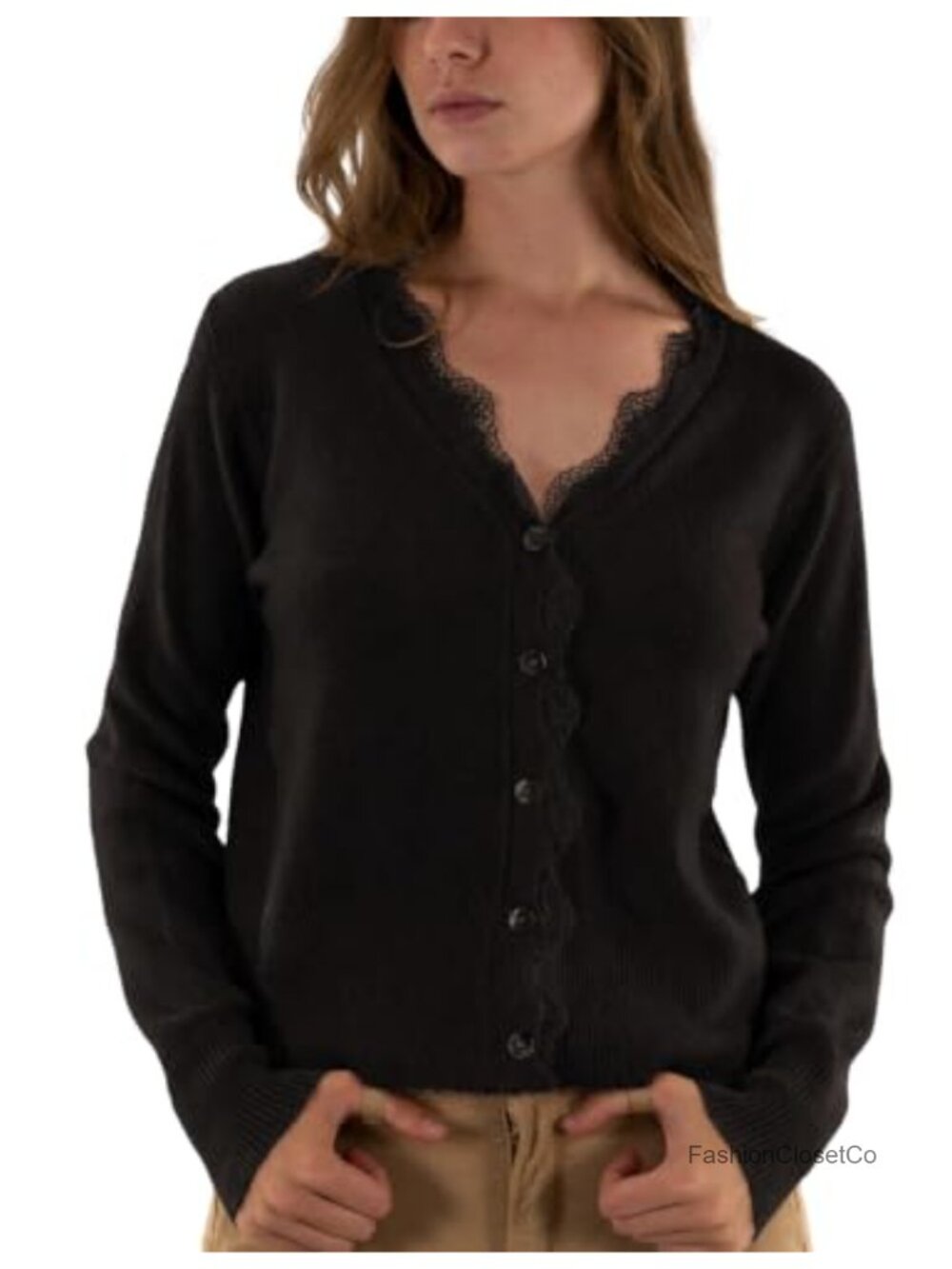 Womens Lace Trim Cardigan V Neck Button Down Knit Sweater